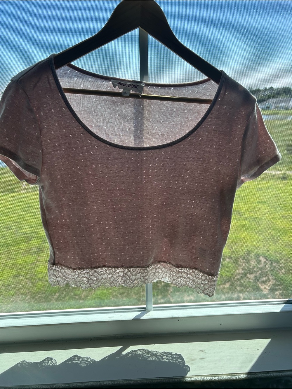 Pink Rose Dusty Pink Lace-Trim Crop Tee